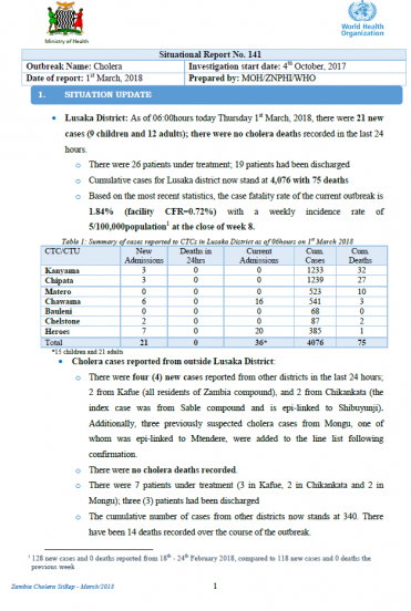 Zambia Cholera Outbreak Situation Report - 1 March 2018